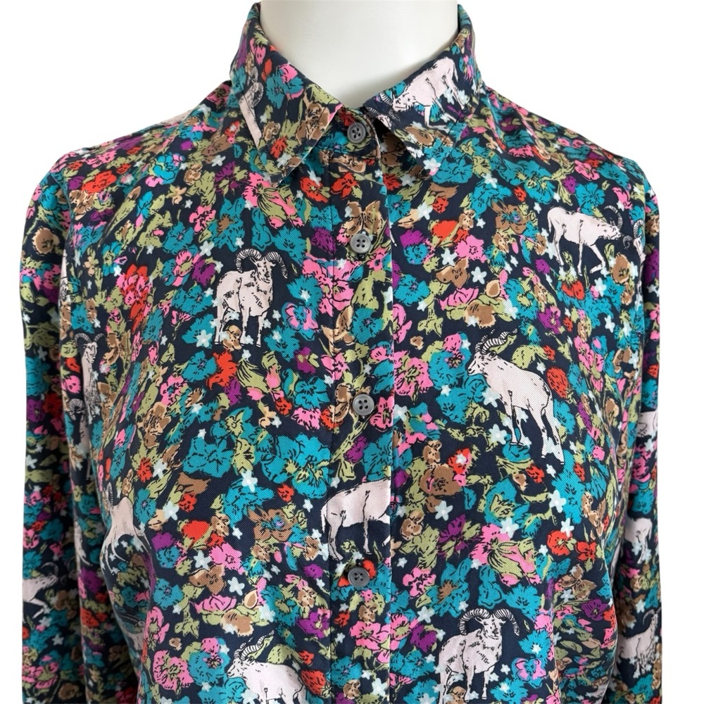 J. Crew Collection Grazing Goats 100% Silk Floral Button-Up Shirt Sz 6 Midsommar - Picture 4 of 10